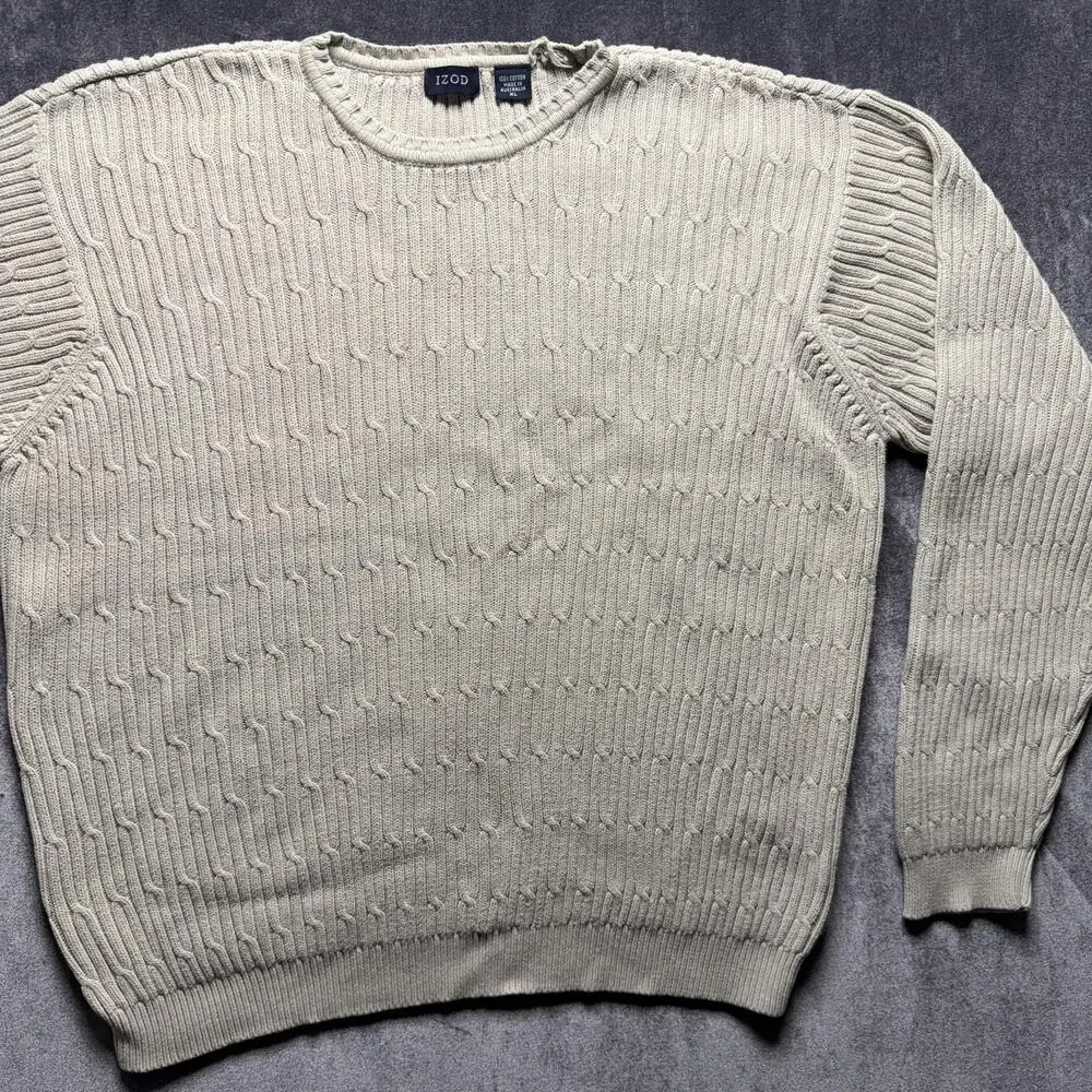 IZOD Sweater Mens XL Beige Cotton Knit Textured Crew Neck Pullover Top